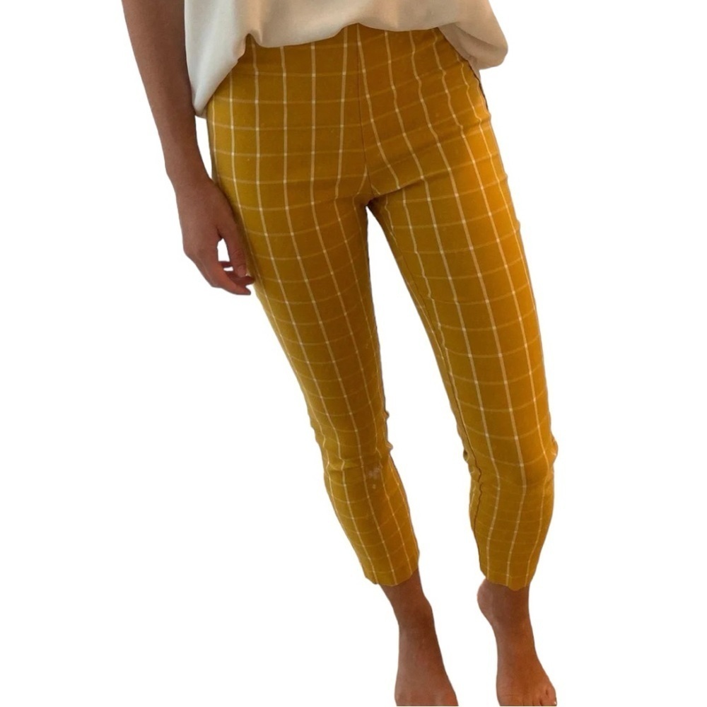 A New Day Women's Gold/Cream Plaid High Rise Skiny Pants Elastic Waist Sz 2